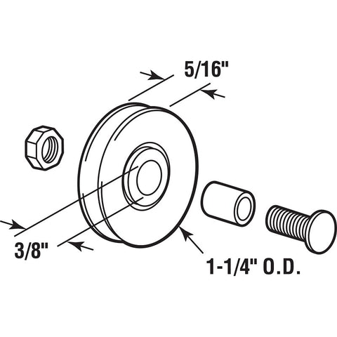 Prime-Line B 555 Door Roller, 1-1/4 in Dia Roller, 5/16 in W Roller, Nylon, White, 2-Roller, Bottom Mounting