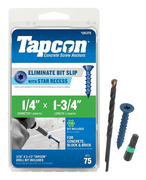 Tapcon 28375 Concrete Screw Anchor, 1/4 in Dia, 1-3/4 in L, Steel, Climaseal, 75/PK