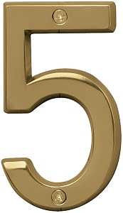 Hy-Ko Prestige Series BR-42PB/5 House Number, Character: 5, 4 in H Character, Brass Character, Brass, Pack of 3