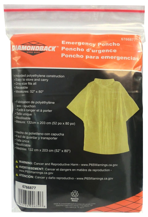 Diamondback 1743B Emergency Poncho, One-Size, PVC, Hooded Collar, Pack of 20