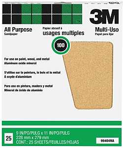 3M 99404 Sandpaper Sheet, 11 in L, 9 in W, Medium, 100 Grit, Aluminum Oxide Abrasive, Paper Backing