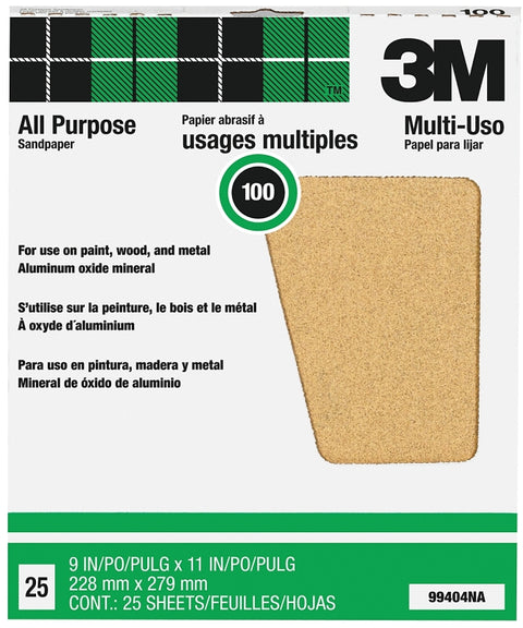 3M 99404 Sandpaper Sheet, 11 in L, 9 in W, Medium, 100 Grit, Aluminum Oxide Abrasive, Paper Backing