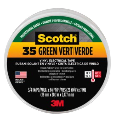 Scotch 10851-DL-10 Electrical Tape, 66 ft L, 3/4 in W, PVC Backing, Green