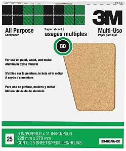 3M 99405 Sandpaper Sheet, 11 in L, 9 in W, Medium, 80 Grit, Aluminum Oxide Abrasive, Paper Backing