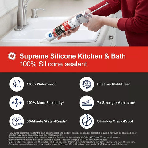 GE Supreme Silicone 2821640 Kitchen & Bath Sealant, White, 24 hr Curing, 10.1 fl-oz Cartridge, Pack of 12