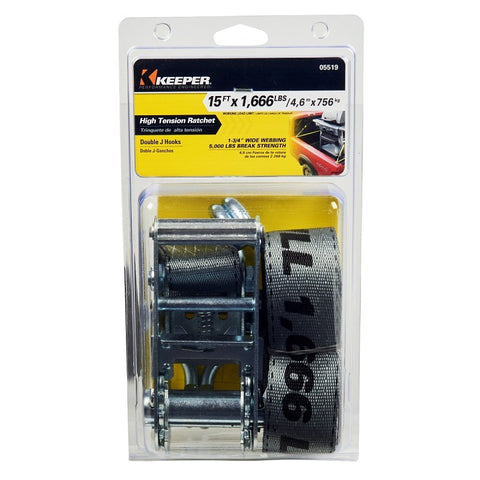 Keeper 05519 Tie-Down, 1-3/4 in W, 15 ft L, Polyester, Yellow, 1666 lb, J-Hook End Fitting
