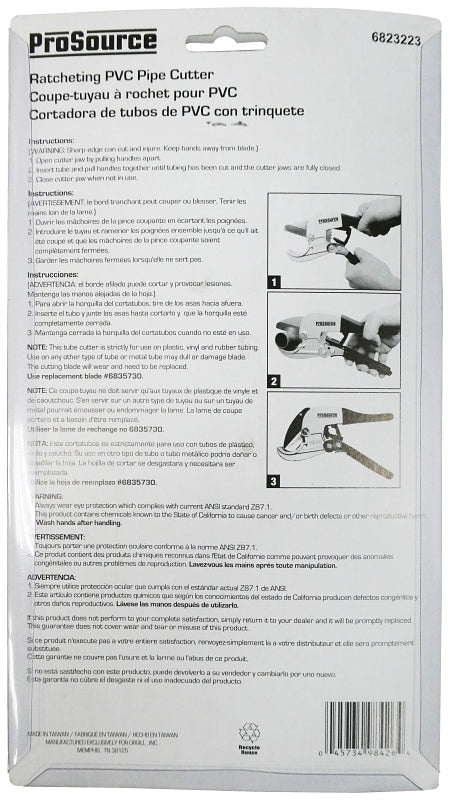 ProSource PE-42-S-3L PVC Pipe Cutter, 1-5/8 in Max Pipe/Tube Dia, Steel Blade