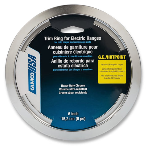 Camco USA 00303 Trim Ring, 6 in Dia, Chrome, For: Metal or Porcelain Pans and GE/Hotpoint Electric Ranges