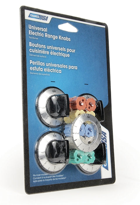 Camco USA 00883 Burner Knob Kit, Includes: Adapter, Dials, Inserts and (4) Chrome Knobs, Black