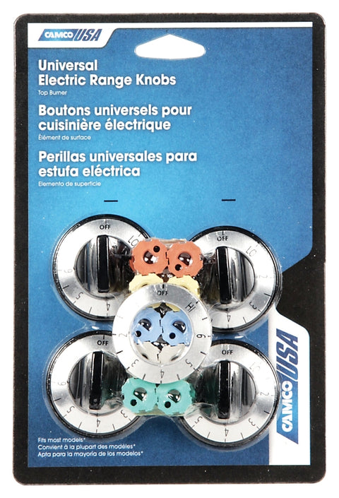 Camco USA 00883 Burner Knob Kit, Includes: Adapter, Dials, Inserts and (4) Chrome Knobs, Black