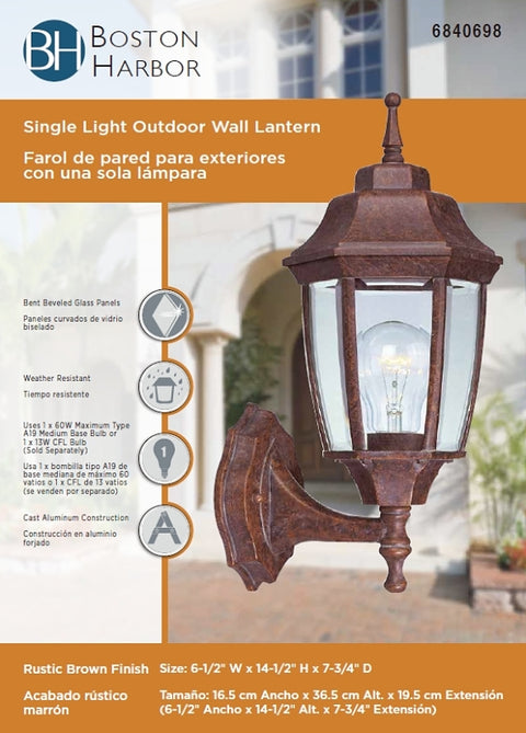 Boston Harbor BRT-BPP1611-RB3L Outdoor Wall Lantern, 120 V, 60 W, A19 or CFL Lamp, Aluminum Fixture, Rustic Brown