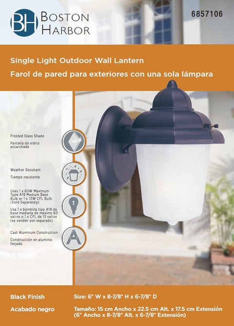 Boston Harbor AL9002H-53L Outdoor Wall Lantern, 120 V, 60 W, A19 or CFL Lamp, Aluminum Fixture, Black