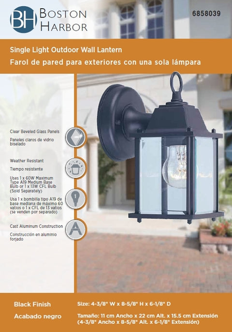 Boston Harbor AL1037-53L Outdoor Wall Lantern, 120 V, 60 W, A19 or CFL Lamp, Aluminum Fixture, Black