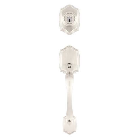 Kwikset 96870-099 Handleset, 3 Grade, Brass, Satin Nickel, 2-3/8 x 2-3/4 in Backset, KW1 Keyway, 1-3/4 in Thick Door