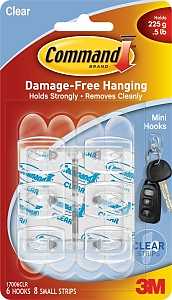 Command 17006CLR Adhesive Hook, 0.5 lb, 6 -Hook, Plastic, Transparent ...