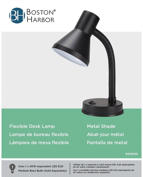 Boston Harbor TL-TB-134-BK-3L Flexible Desk Lamp, 120 V, 60 W, 1-Lamp, CFL Lamp, Black Fixture, Black