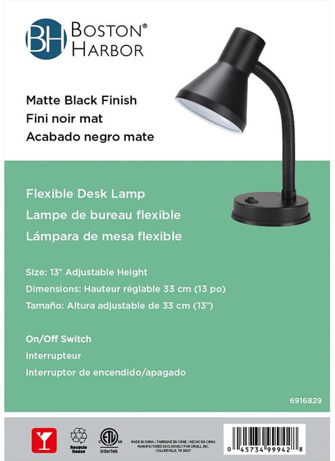 Boston Harbor TL-TB-134-BK-3L Flexible Desk Lamp, 120 V, 60 W, 1-Lamp, CFL Lamp, Black Fixture, Black