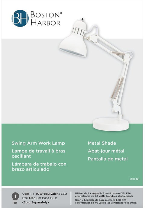 Boston Harbor TL-WK-134E-WH-3L Swing Arm Work Lamp, 120 V, 60 W, 1-Lamp, A19 or CFL Lamp, White