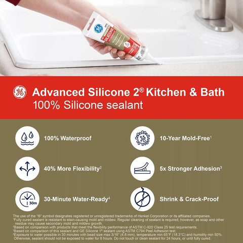 GE Advanced Silicone 2 2816708 Kitchen & Bath Sealant, Almond, 24 hr Curing, 2.8 fl-oz Squeeze Tube
