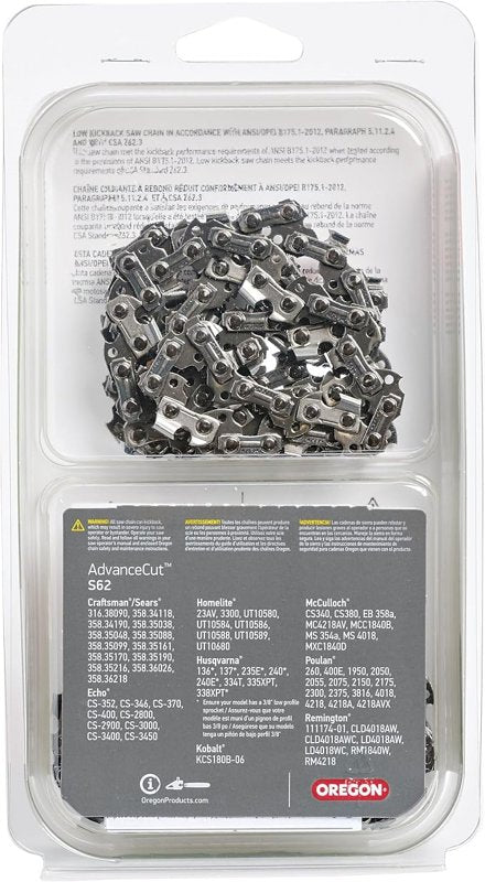 Oregon S62T Chainsaw Chain, 18 in L Bar, 0.05, 3/8 in TPI/Pitch, 62-Link