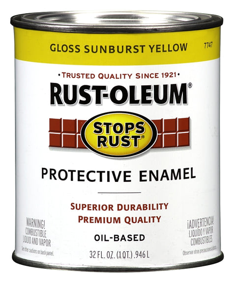 Rust-Oleum Stops Rust 7747502 Enamel Paint, Oil, Gloss, Sunburst Yellow, 1 qt, Can, 50 to 90 sq-ft/qt Coverage Area