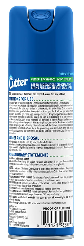 Cutter Backwoods 96280 Insect Repellent, 6 oz Aerosol Can, Liquid, Light Yellow, Deet, Ethanol