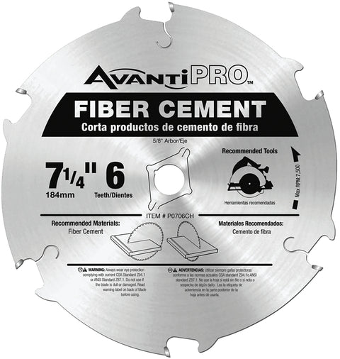 Avanti Pro P0706CH Circular Saw Blade, 7-1/4 in Dia, 5/8 in Arbor, 6-Teeth, Carbide Cutting Edge