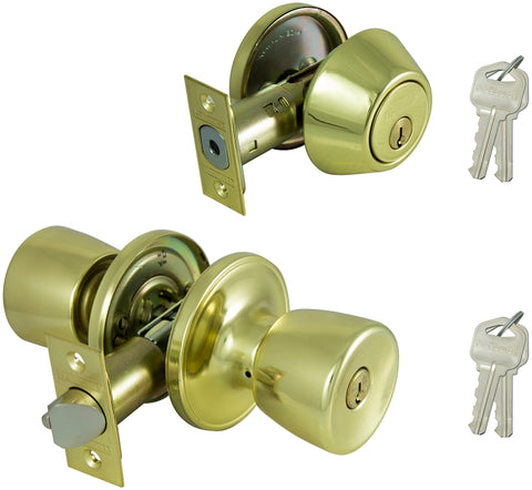 ProSource BS7B1-PS Deadbolt and Entry Lockset, Turnbutton Lock, Knob Handle, Tulip Design, Polished Brass, 3 Grade, Pack of 2
