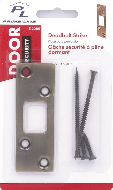 Defender Security E 2285 Deadbolt Strike Plate, 3-5/8 in L, 1-1/4 in W, Steel, Antique Brass