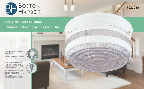 Boston Harbor F15WH02-10043L Two Light Ceiling Fixture, 120 V, 60 W, 2-Lamp, A19 or CFL Lamp, White Fixture
