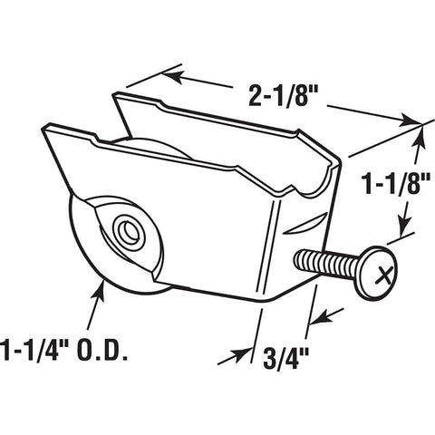 Prime-Line D 1721 Roller Assembly, 2-1/8 in L x 3/4 in W x 1-1/8 in H Dimensions, 1-1/4 in Dia Roller, Steel, 1-Roller