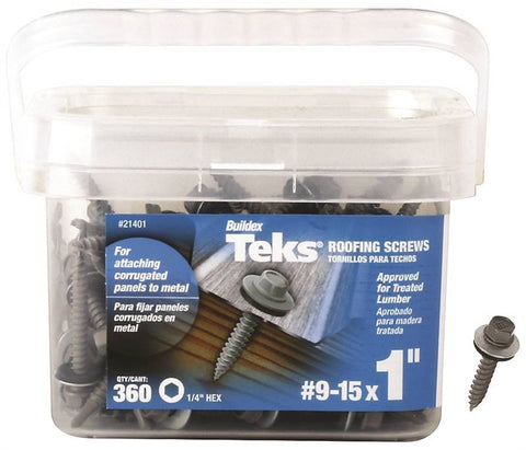 Teks 21401 Self-Tapping Roofing Screw, NO 9 x 1 in, Steel, Metallic