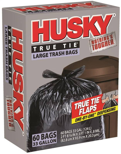 Husky HK33WC060B Large Trash Bag, 33 gal, 3 ft 4 in L x 2 ft 9 in W x 0.8 mil T, Polyethylene Resin, Black