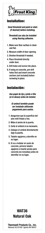 Frost King WAT36H Saddle Threshold, 36 in L, 3-1/2 in W, Wood, Oak, Unfinished