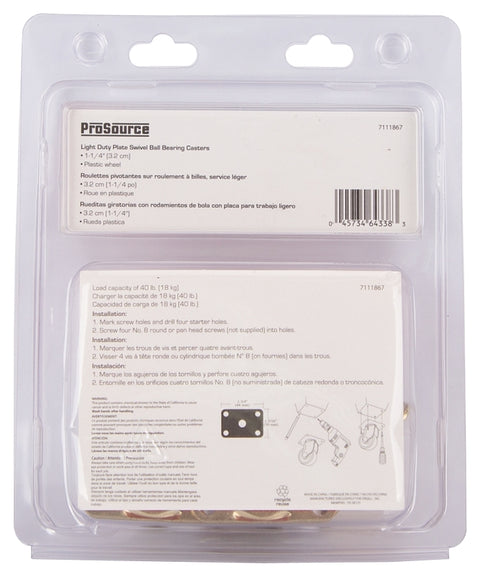 ProSource JC-B04-PS Swivel Caster, 1-1/4 in Dia Wheel, 16 mm W Wheel, Plastic Wheel, White, 40 lb