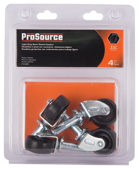 ProSource JC-B05-PS Swivel Caster, 1-1/4 in Dia Wheel, 1-1/4 in W Wheel, Black, 40 lb, Steel Housing Material