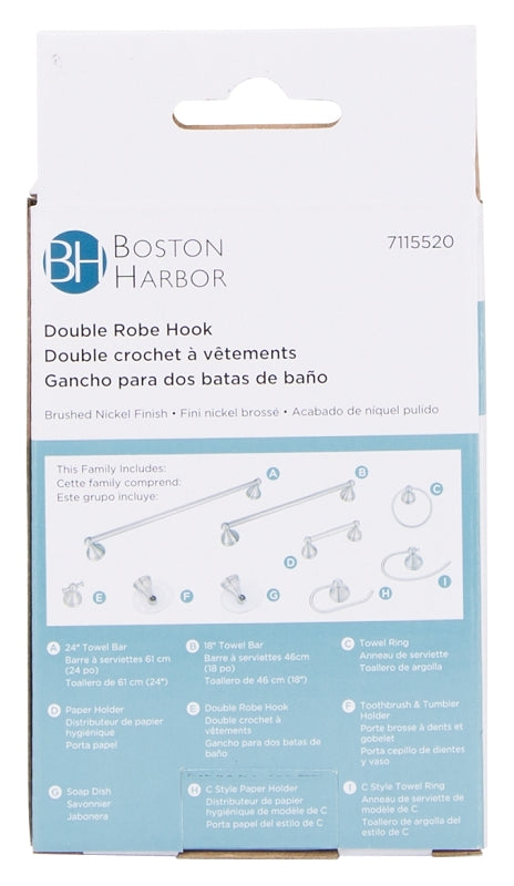 Boston Harbor L5053-13B-10-3L Double Robe Hook, 2-Hook, Zinc, Brushed Nickel, Wall Mounting