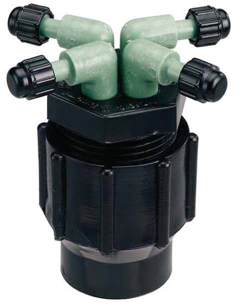 Orbit 67025 Manifold, 1/2 x 1/4 in Connection, Thread x Barb, 4 -Port, 1/4 in Tubing, Plastic, Black