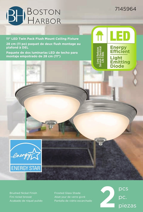 Boston Harbor 4200-LED- BN Flush Mount Ceiling Fixture, 120 V, 15 W, 2-Lamp, LED Lamp, 1100 Lumens