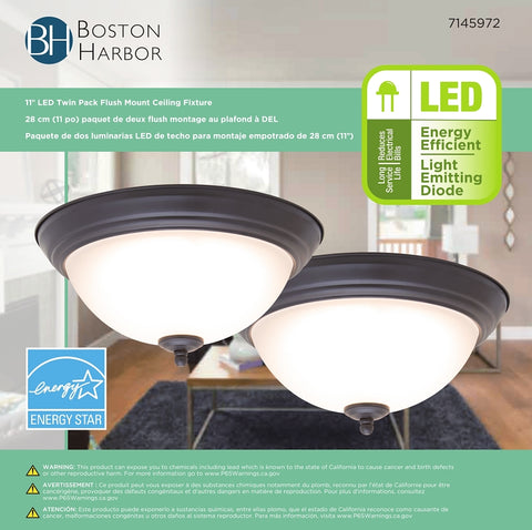 Boston Harbor 4200-LED- BR Flush Mount Ceiling Fixture, 120 V, 15 W, 2-Lamp, LED Lamp, 1100 Lumens, Bronze Fixture