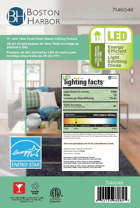 Boston Harbor 4200-LED- WH Flush Mount Ceiling Fixture, 120 V, 15 W, 2-Lamp, LED Lamp, 1100 Lumens, White Fixture