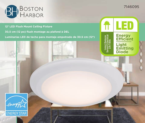 Boston Harbor CL006AC1215-16 Flush Mount Ceiling Fixture, 120 V, 17 W, 1-Lamp, LED Lamp, 1200 Lumens, White Fixture
