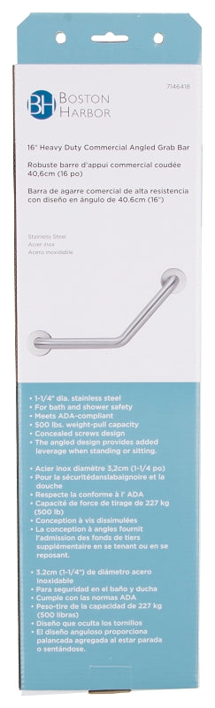 Boston Harbor YG01-01-1.5 Grab Bar, 16 in L Bar, Stainless Steel, Wall Mounted Mounting
