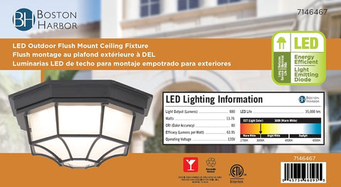 Boston Harbor LED-3003M Flush Mount Ceiling Fixture, 120 V, 13.76 W, 1-Lamp, LED Lamp, 880 Lumens, 3000 K Color Temp