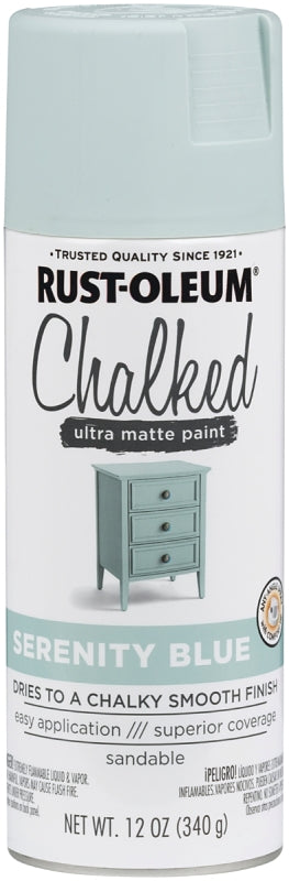 Rust-Oleum 302595 Chalk Spray Paint, 12 oz Can, 12 sq-ft Coverage Area, Oil Base, Ultra Matte, Serenity Blue