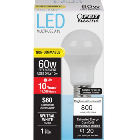 Feit Electric A800/835/10KLED LED Bulb, General-Purpose, A19 Lamp, 60 W Equivalent, E26 Lamp Base, Frosted