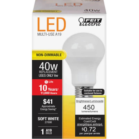 Feit Electric A450/827/10KLED LED Bulb, General-Purpose, A19 Lamp, 40 W Equivalent, E26 Lamp Base, Soft White Light