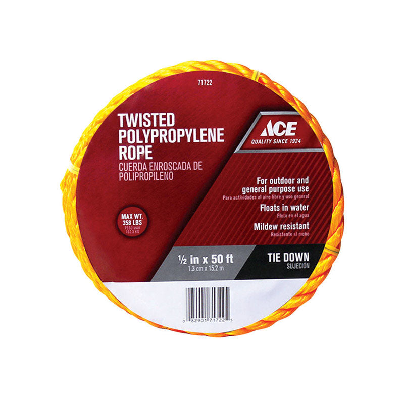 Timber Yellow Rope Ace 1/2 in. Dia. x 50 ft. L Twisted Poly Rope Yellow – Shell Lumber and ...