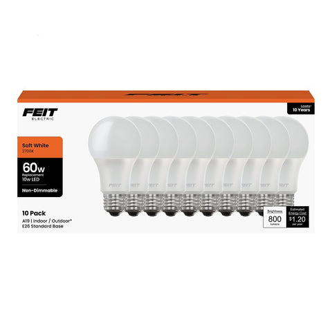 Feit Electric A800/830/10KLED/10/RP LED Bulb, General-Purpose, A19 Lamp, 60 W Equivalent, E26 Medium Lamp Base, Non-Dimmable
