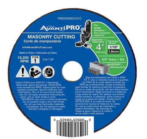 Avanti Pro PBD040063101C Type 1 Flat Cut-Off Disc, 4 in Dia, 5/8 in, Silicone Carbide Grain